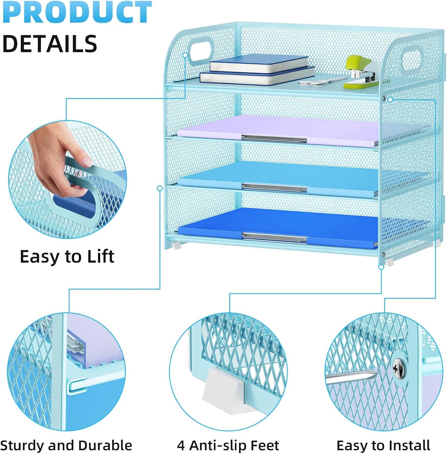 Marbrasse 4 Tier Paper Organizer Letter Tray - Mesh Desk File Organizer with Handle, Paper Sorter Organizer for Letter/A4 Office File Folder Holder (Black, 12.6" x 9.1" x 10.7")