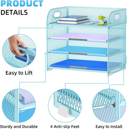 Marbrasse 4 Tier Paper Organizer Letter Tray - Mesh Desk File Organizer with Handle, Paper Sorter Organizer for Letter/A4 Office File Folder Holder (Black, 12.6" x 9.1" x 10.7")