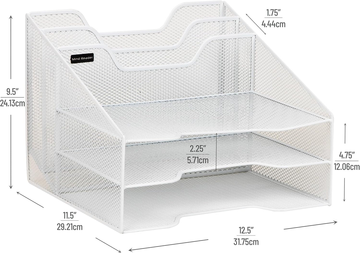 Mind Reader Metal Mesh Desktop File Organizer, 3-Tier Paper Tray with 5 Compartments, Office Mail Sorter, White