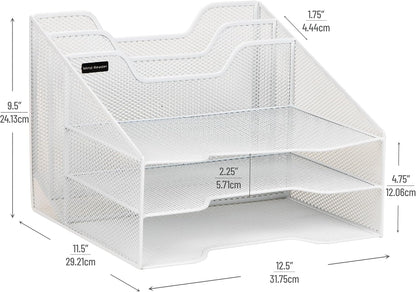 Mind Reader Metal Mesh Desktop File Organizer, 3-Tier Paper Tray with 5 Compartments, Office Mail Sorter, White
