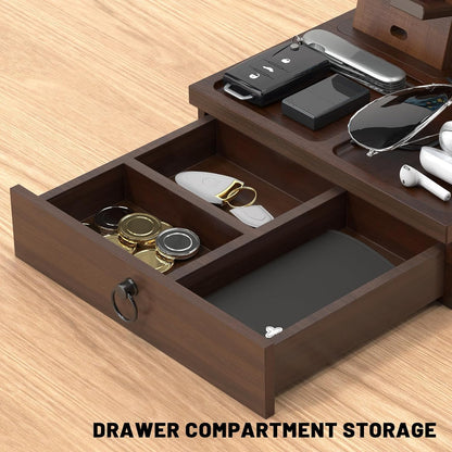 Wood Phone Docking Station with USB Ports and Outlets, Nightstand Organizer with Charging Station, Bedside Organizer with Drawer for Watch & Accessories, Christmas Anniversary Birthday Gifts for Men