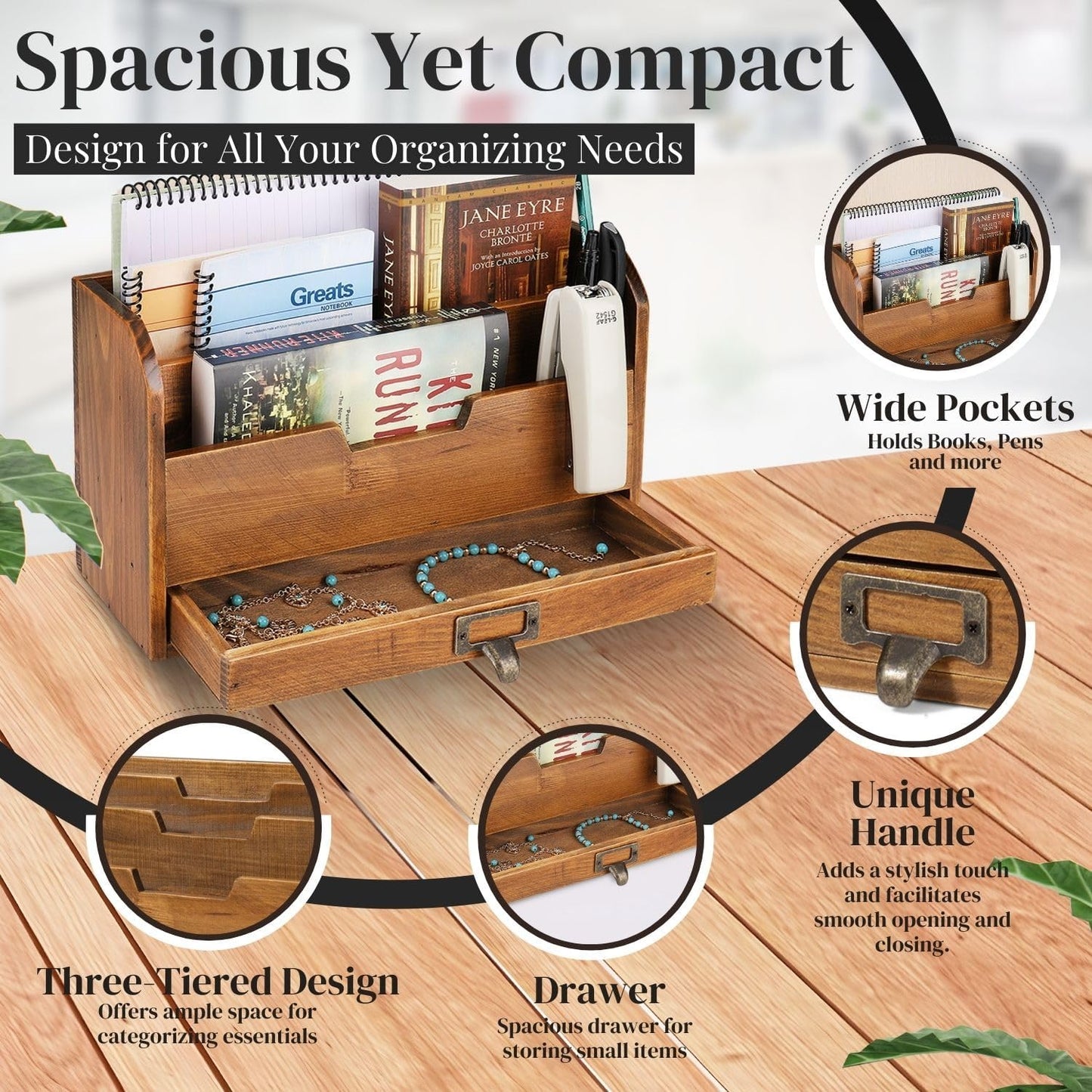 Flexzion 3 Tier Wooden Desk Organizer - Country Rustic Compartments Slot File Tray Pencil Sorter Shelf Holder Supplies Rack Accessories Set with Storage Drawer for Desktop Tabletop Office Home Brown