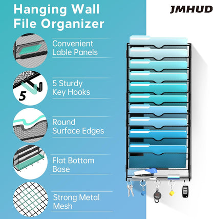 5 Tier Wall File Organizer - Hanging File Organizer with 5 Hooks, Mail Holder Wall Mounted for Papers, Folders, Magazines, Bills, Office&School Organization, Black