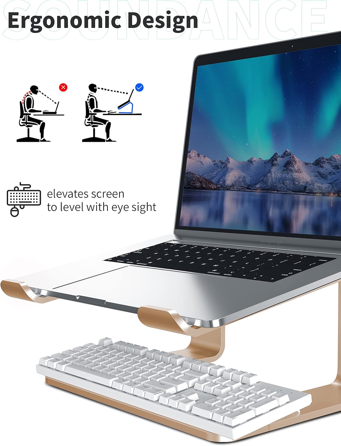SOUNDANCE Laptop Stand, Aluminum Computer Riser, Ergonomic Laptops Elevator for Desk, Metal Holder Compatible with 10 to 15.6 Inches Notebook Computer, Silver