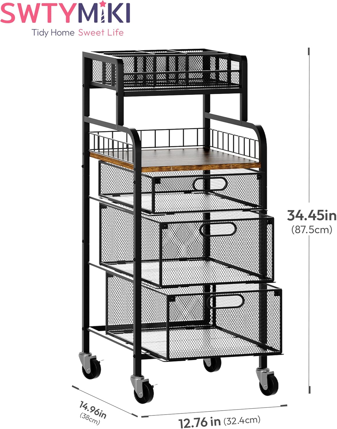 SWTYMIKI Rolling Cart with Drawers - Metal Utility Cart with Wood Shelf, DIY Divider and Locking Wheels, Craft & Art Cart Organizer for Under Desk Storage for Home Office Studio, Espresso