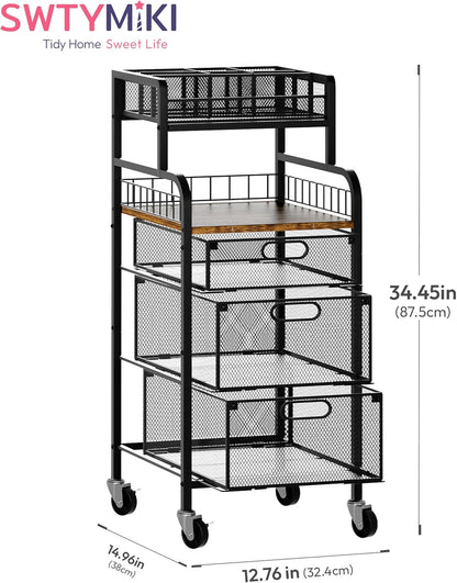 SWTYMIKI Rolling Cart with Drawers - Metal Utility Cart with Wood Shelf, DIY Divider and Locking Wheels, Craft & Art Cart Organizer for Under Desk Storage for Home Office Studio, Espresso