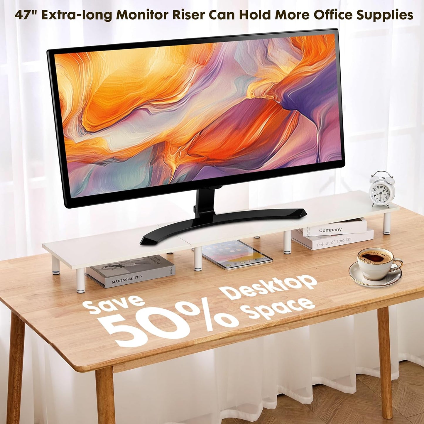 La Jaco 47 Inch Extra-Long Dual Monitor Stand Riser for 2 Monitors, Desk Shelf TV Riser Blocks, Wood and Steel Desktop Riser for Computer, Laptop, Printer, Home Office Organization, White