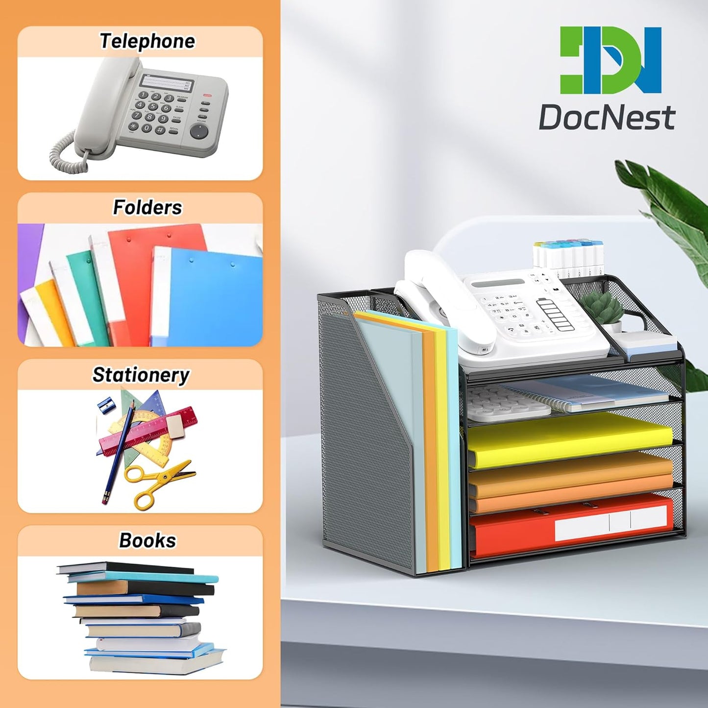 DocNest 4 Tier Metal Mesh Letter Tray - Space Saving Desk File Organizer with Handle, Pen Holder & Folder Holder - Desktop Document Sorter for Office, Home, School, Classroom - Black