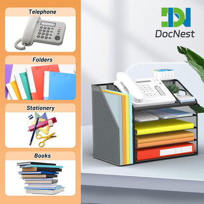 DocNest 4 Tier Metal Mesh Letter Tray - Space Saving Desk File Organizer with Handle, Pen Holder & Folder Holder - Desktop Document Sorter for Office, Home, School, Classroom - Black