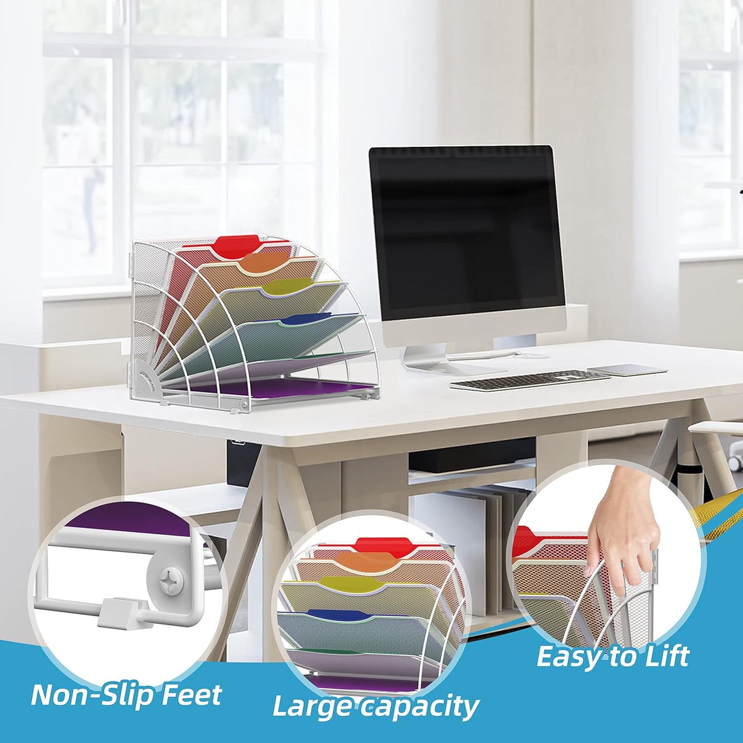 SUPEASY Fan Shaped Desk File Organizer, 6 Compartments for Filing Paper Bills, Letters, Desk Accessories for Workspace, School, Office, Waiting Room, Classroom Storage, Black