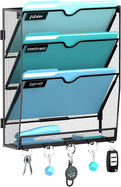 5 Tier Wall File Organizer - Hanging File Organizer with 5 Hooks, Mail Holder Wall Mounted for Papers, Folders, Magazines, Bills, Office&School Organization, Black