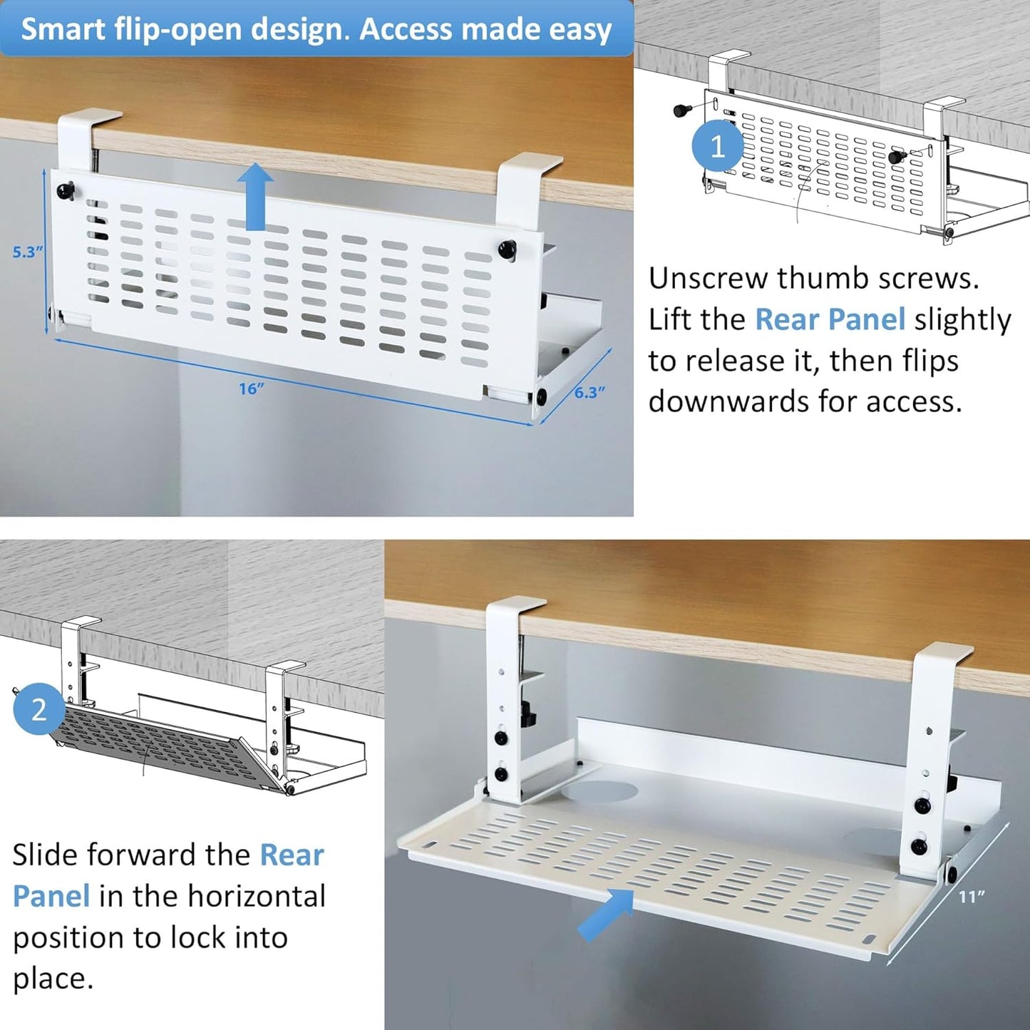 AEONS Under Desk Cable Management Tray Kit - Horizontal Adjustable up to 41” Removable C Clamp Mount Reversible Computer Cord Raceway and Modesty Panel for Large Table, Black