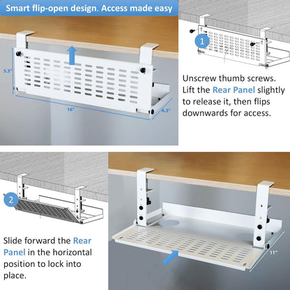 AEONS Under Desk Cable Management Tray Kit - Horizontal Adjustable up to 41” Removable C Clamp Mount Reversible Computer Cord Raceway and Modesty Panel for Large Table, Black