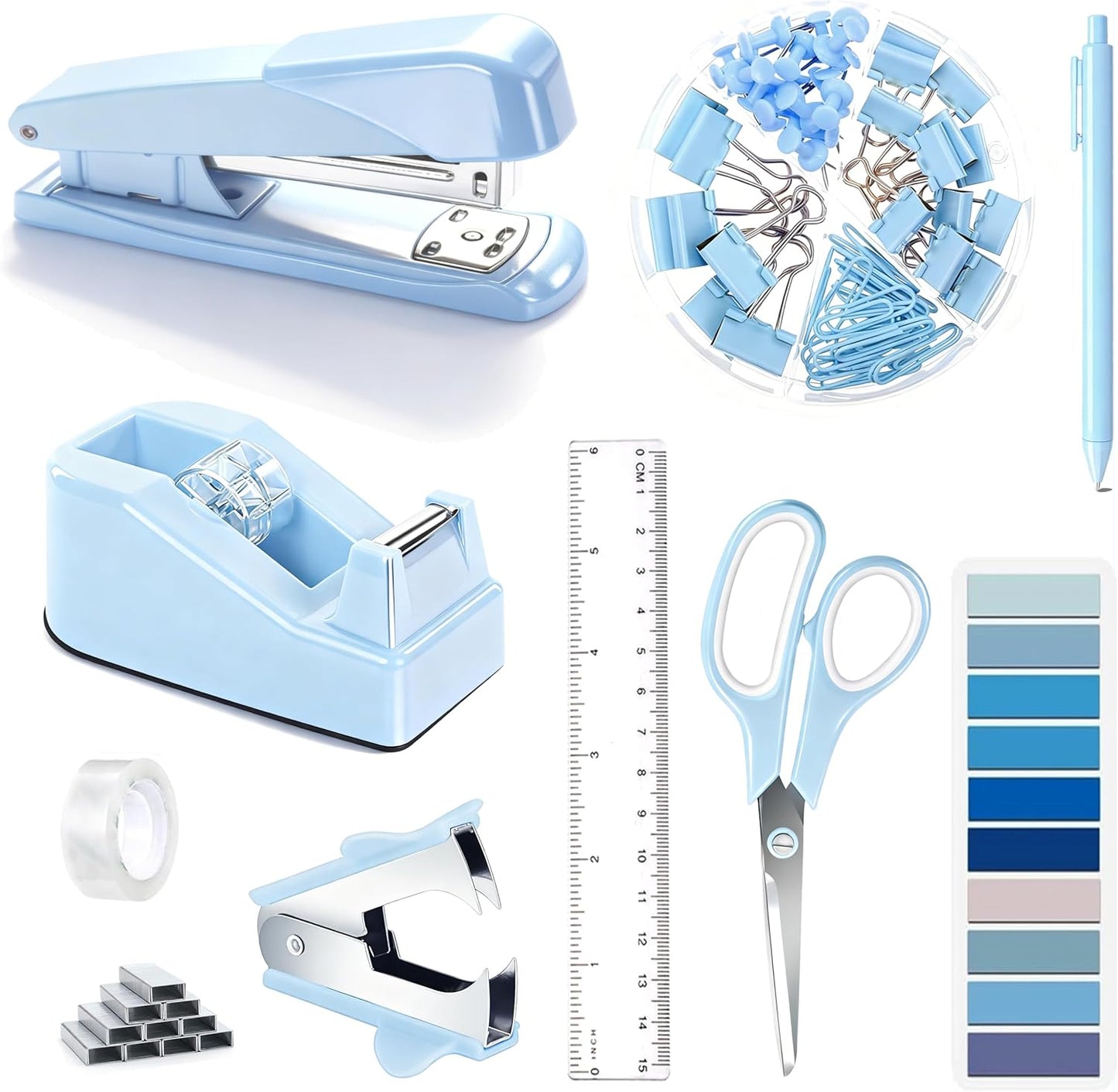 Gold Desk Accessories, Office Desk Organizers and Accessories 360°Pen Holder Acrylic Stapler Set, Phone Holder, Ballpoint Pen, Scissor, Binder Clips, Ruler, Transparent Glue, Sticky Note and Staples.
