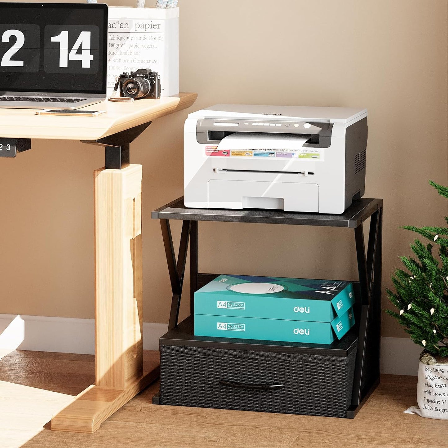 aboxoo Printer Stand for Desk with Storage Drawer, 2 Tier Desktop Or UnderDesk Shelf, Multi-Purpose Desk Organizer for Home Office, fit Fax Machine/3D Printer/Scanner, Rustic Brown