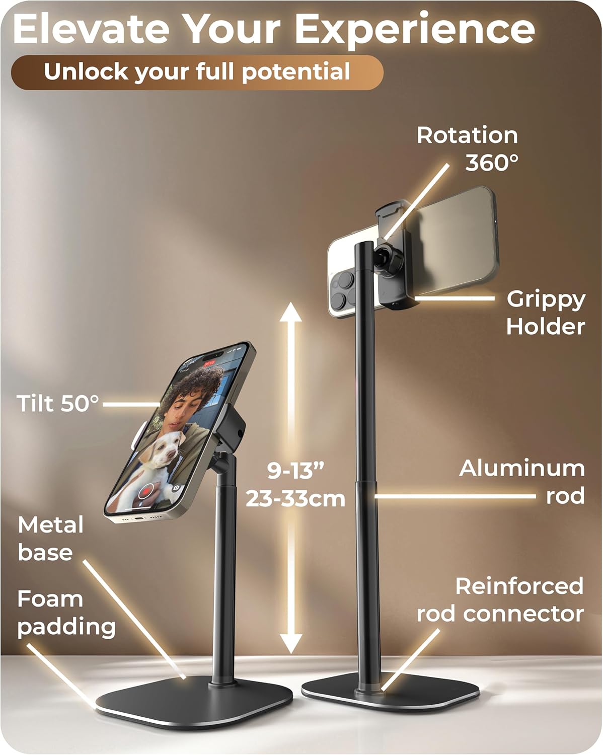 COOPER ChatStand, Adjustable Cell Phone Stand for Desk, Phone Stand for Recording, iPhone Holder for Filming, Small iPhone Tripod, Soporte para Celular, Fits Samsung, Android, (Night Black)