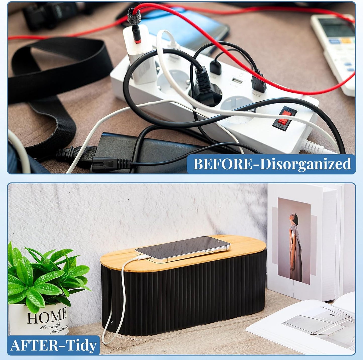 Marsui 2 Pcs White Cable Management Box Cord Hider Organizer with 46 Pcs Cable Management Kit Wire Box for Power Strips Surge Protectors Desk TV Computer Wires