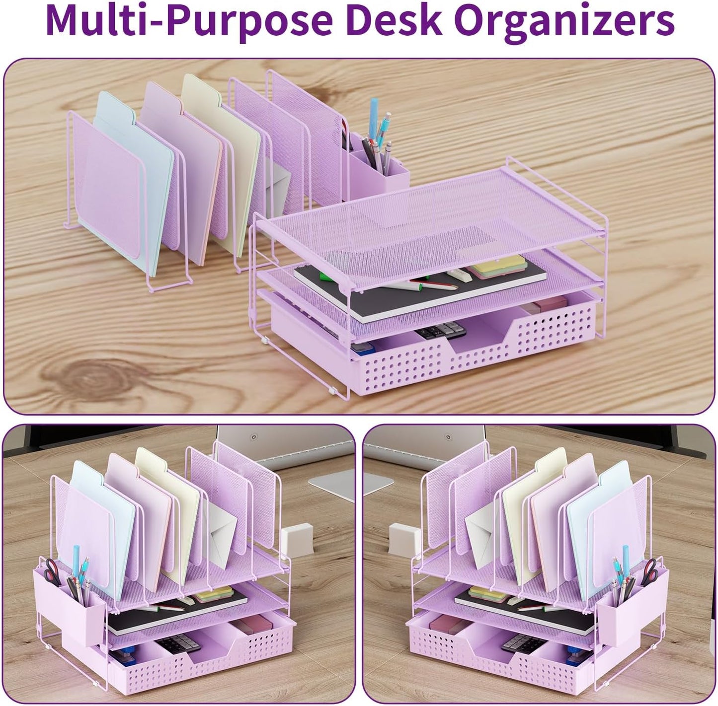 LEKETREE Desk Organizer, Office Organization with Vertical File Holder, File Organizer with Drawer and Pen Holder, Desk Accessories and Workspace Organizers for Home Office (Black)
