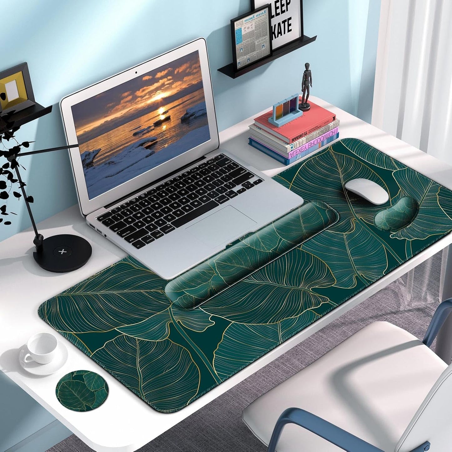 Keyboard Wrist Rest + Mouse Pad with Wrist Support + Desk Mat + Coaster 4 in 1 Set, XXL Large Gaming Mousepad Cute Ergonomic Mouse Pads for Desk Computer Laptop Office Decor-Beach