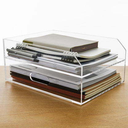 2-Tier Clear Acrylic Paper Trays, Desk File Organizer, A4 Paper Holder, Low-Profile Desk File Sorter for Office/Home, Clear Stackable Letter Tray for Bills, Crafts, Notebooks - Horizontal