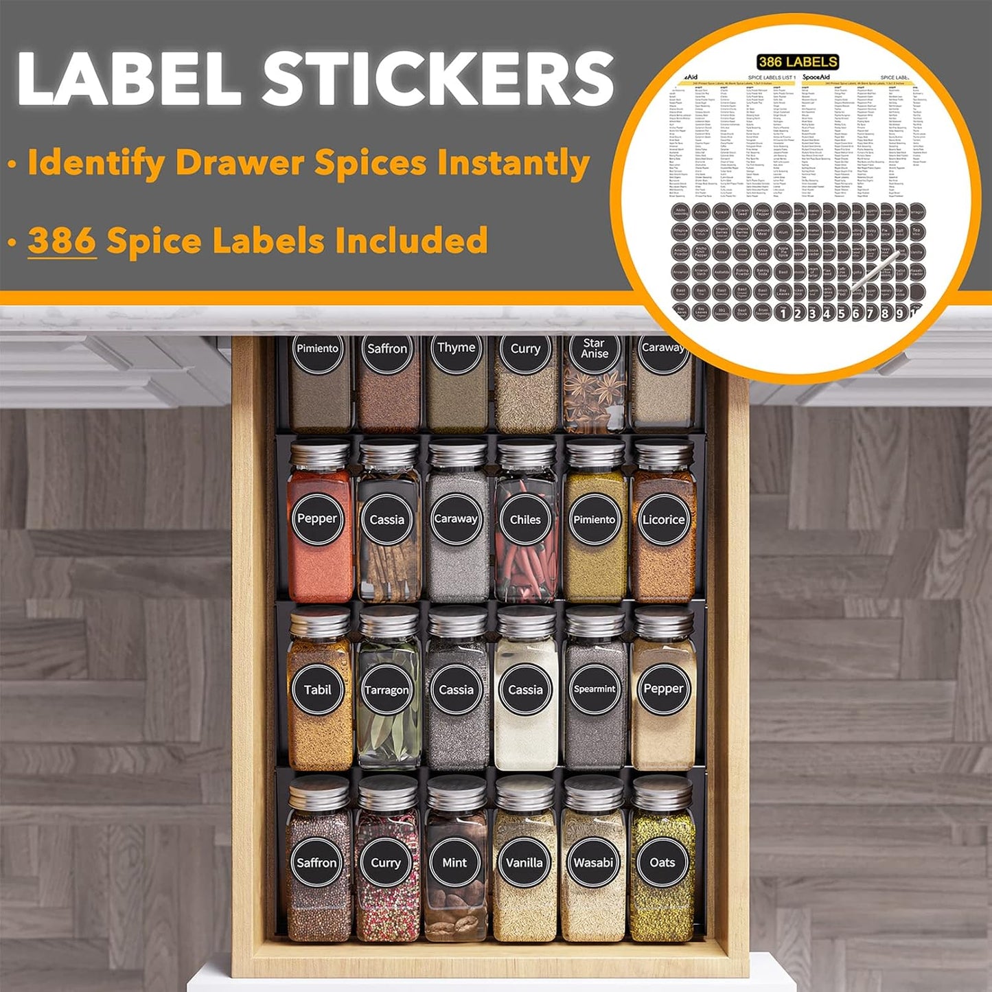 SpaceAid Spice Drawer Organizer with 28 Spice Jars, 386 Spice Labels, 4 Tier Seasoning Rack Tray Insert for Kitchen Drawers, 13" Wide x 17.5" Deep