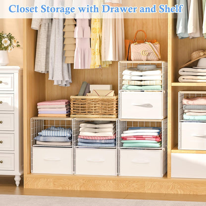 2 Pack Stackable Storage Drawers, Closet Organizers and Storage Shelves with Wooden Top & Adjustable Dividers, White Fabric Closet Drawer Organizer, Modular Storage Bins for Bedroom Wardrobe Apartment