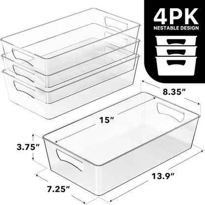Simple Houseware 4 Pcs Kitchen Clear Bin Storage Organizer, 15" x 8" x 3.75"