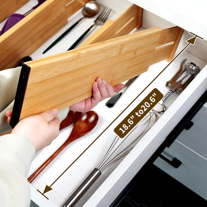 Utoplike 4 pcs Bamboo Kitchen Drawer Dividers Large, Adjustable Drawer Organizers, Spring Loaded, Expandable Organization Works in Kitchen, Dresser, Bathroom, Bedroom, Drawer, Desk