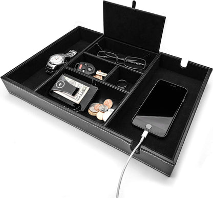 ULTRAY, Valet Tray for Men, Nightstand Organizer, Entry Table Organizer, Catch All, Black Faux Leather Box, 6 Compartments