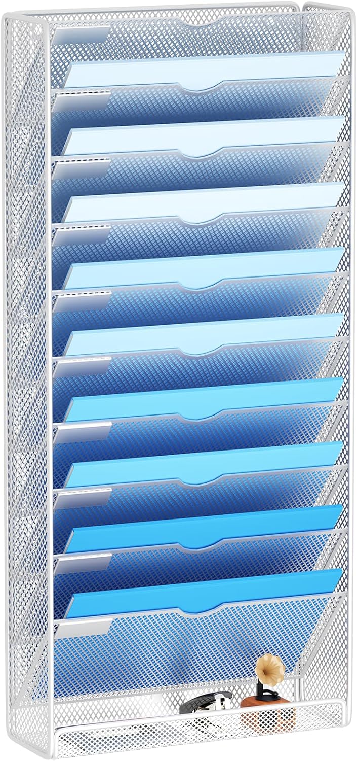 Wall File Organizer Holder Mesh Hanging Paper Document Holder,Vertical 6 Pocket Tier for Office Home, Black