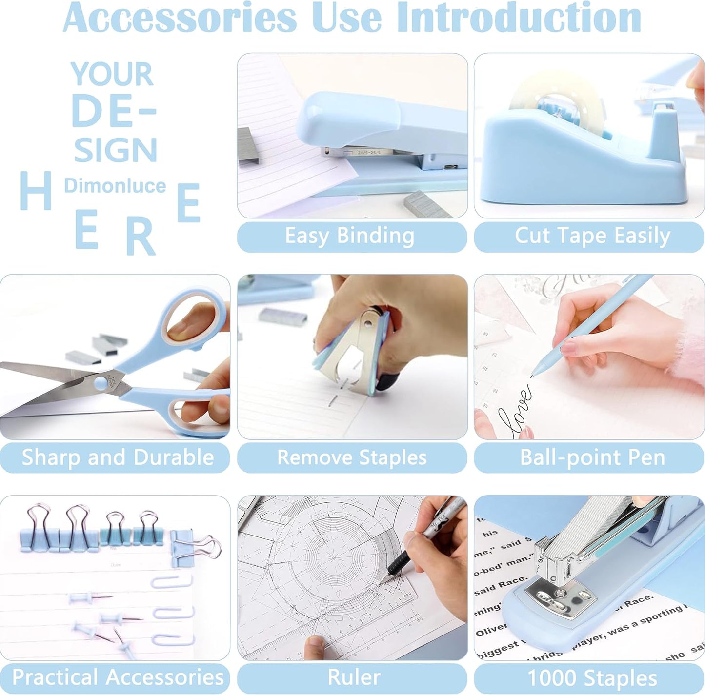 Gold Desk Accessories, Office Desk Organizers and Accessories 360°Pen Holder Acrylic Stapler Set, Phone Holder, Ballpoint Pen, Scissor, Binder Clips, Ruler, Transparent Glue, Sticky Note and Staples.