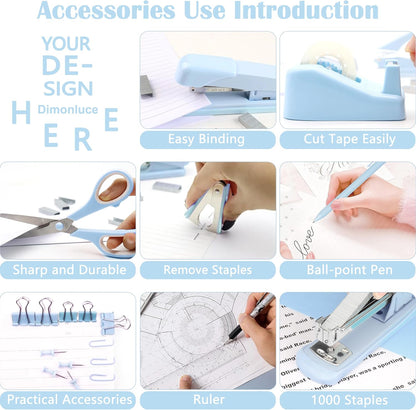 Gold Desk Accessories, Office Desk Organizers and Accessories 360°Pen Holder Acrylic Stapler Set, Phone Holder, Ballpoint Pen, Scissor, Binder Clips, Ruler, Transparent Glue, Sticky Note and Staples.