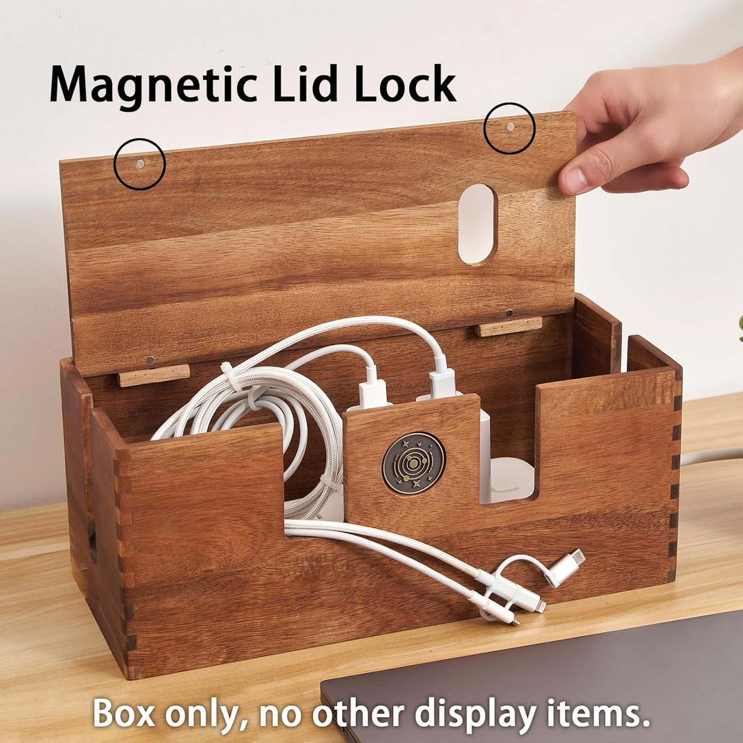 Acacia Wood Cable Management Box - Wooden Cord Hider & Organizer for Desk & Floor, Power Strip & TV Wire Concealer, Under Desk Storage for Office, Home Electrical Cables