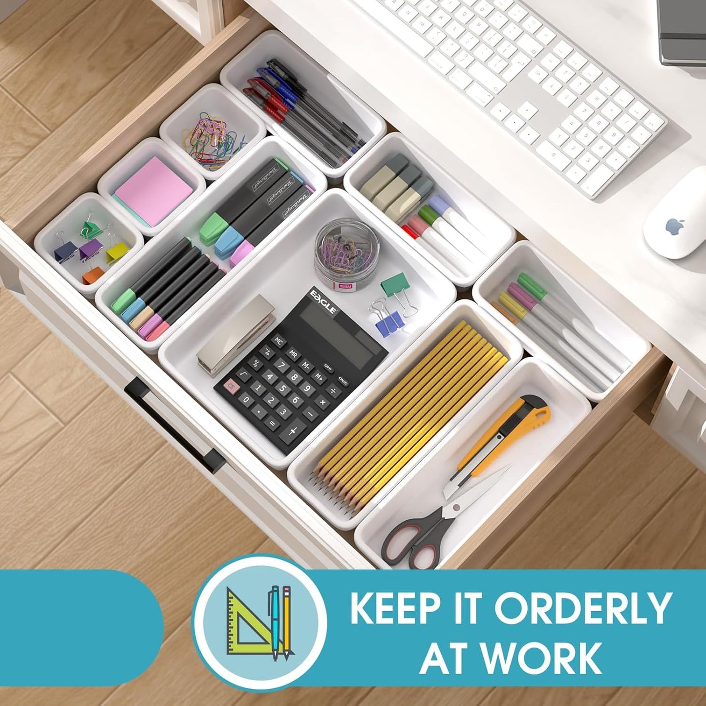 StoreHappily 10 PCS Drawer Organizer Set, 4 Size Makeup Drawer Divider Organizer With Non-Slip Pads, Interlocking Plastic Storage Bins for Office,Jewelry Vanity,Gadgets, Bathroom,Kitchen, Black