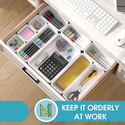 StoreHappily 10 PCS Drawer Organizer Set, 4 Size Makeup Drawer Divider Organizer With Non-Slip Pads, Interlocking Plastic Storage Bins for Office,Jewelry Vanity,Gadgets, Bathroom,Kitchen, Black
