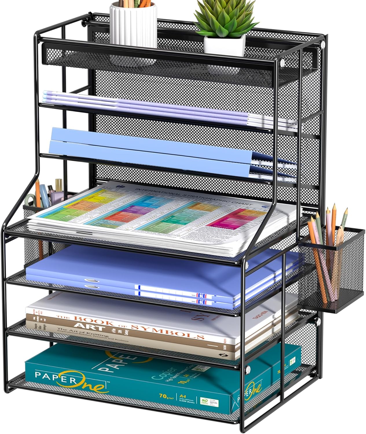 7 Tier Desk File Organizer – Vertical File Organizer for Desk with Removable Pen Holder & Adjustable Pull-out Drawer – Metal Document Organizer for Office, Simple Trending Design – Black