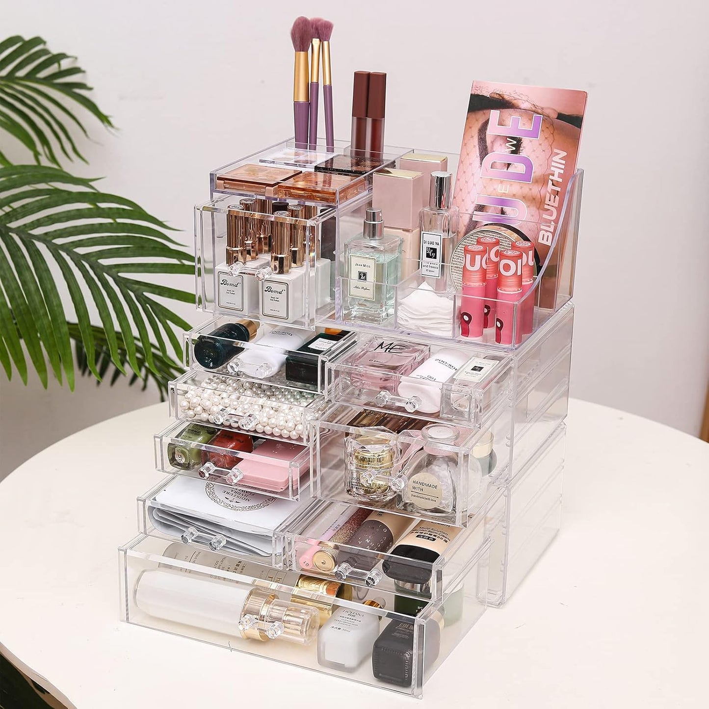 Cq acrylic 2 Pack Clear Make up Organizer Countertop,Stackable 5 Drawers Makeup Storage,Cute Vanity Organizers for dresser Hair Clip,Jewelry,Beauty Product Desk and Bathroom Organizers and Storage