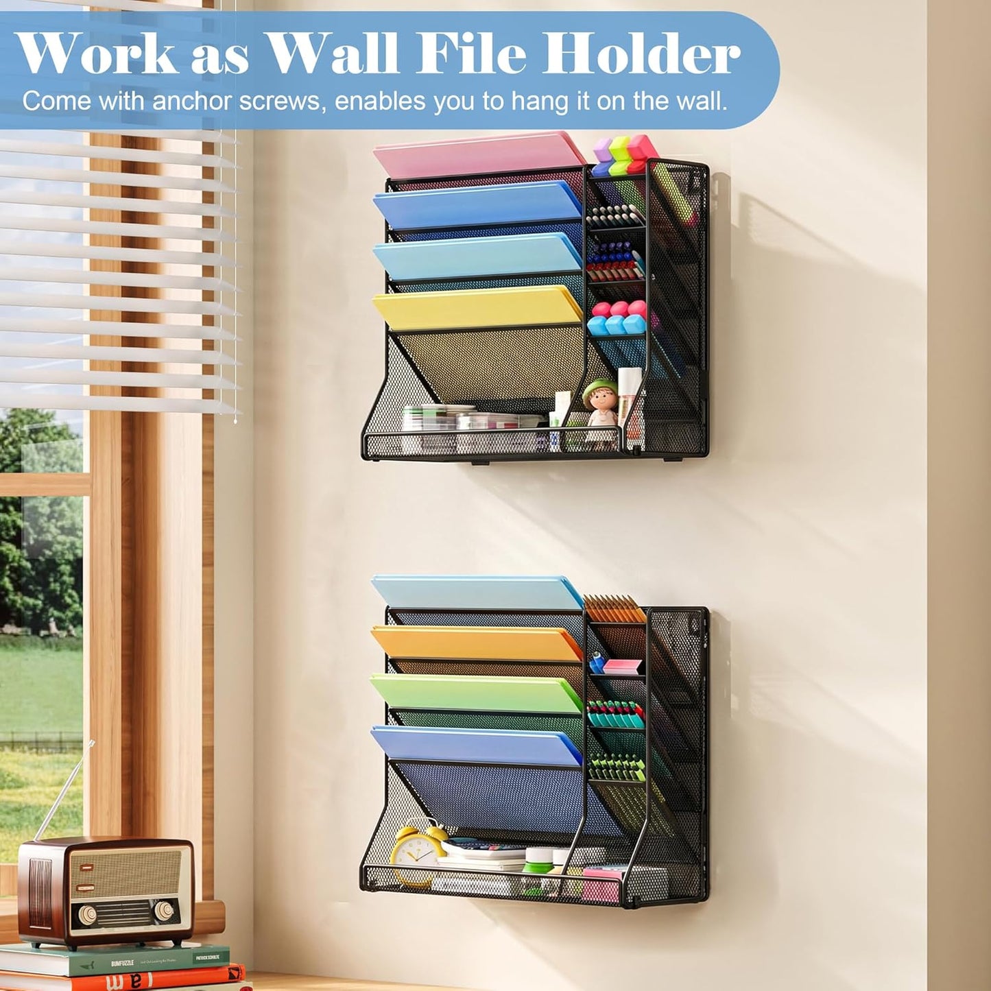 Jakyitvi File Organizer Wall Mounted, 4 Tiers Durable Adjustable Metal Desk Organizer, Desktop Hanging File Holder with 4 Pen Slots Stable, 4 Pull-Out Divider for File, Mail, Black, Patent Pending