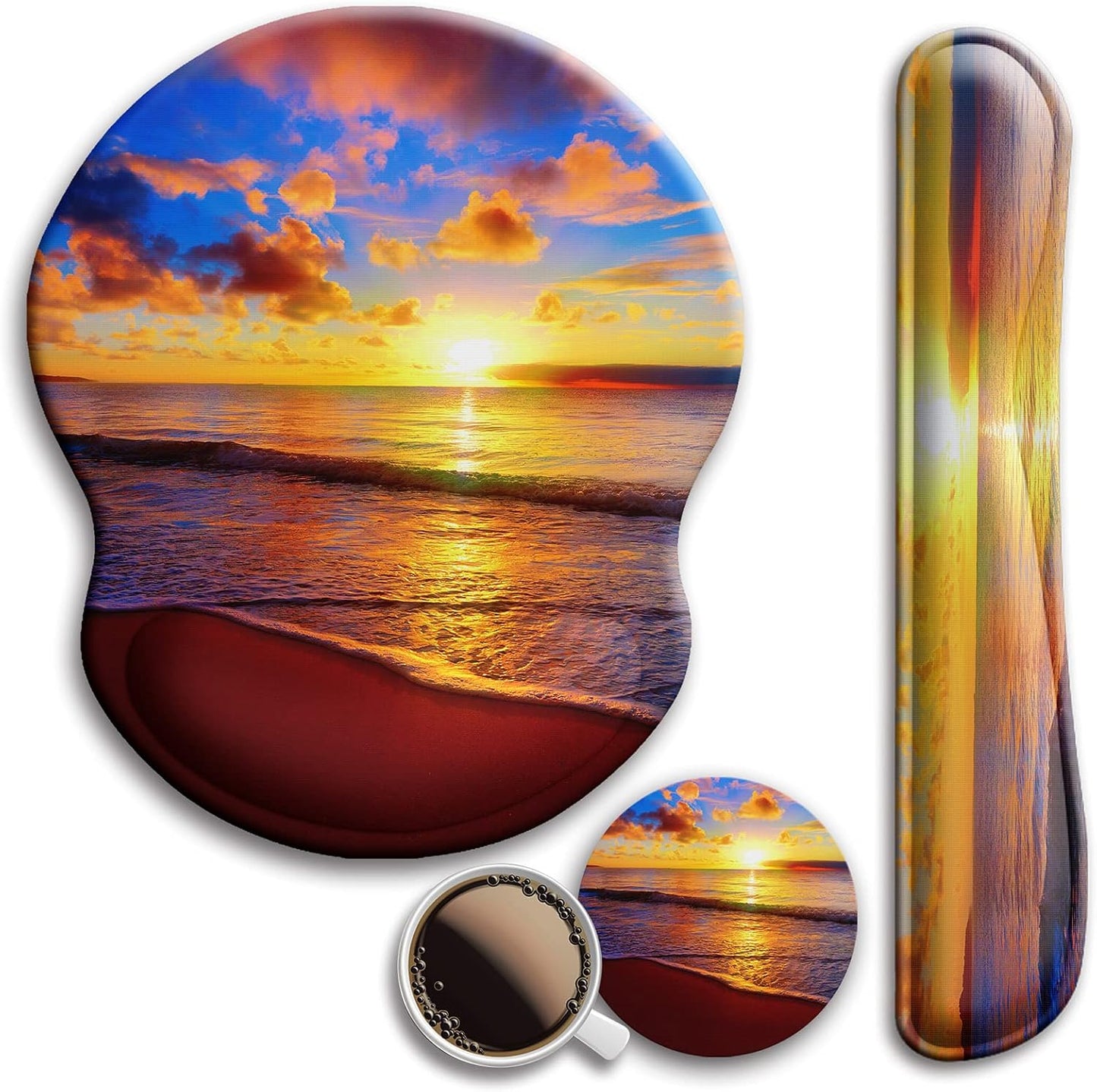 Mouse Pad and Keyboard Wrist Rest Support, with Non-Slip PU Base,Gel Mouse Pad with Coaster,Pain Relief for Gaming, Computer,Office -Beach