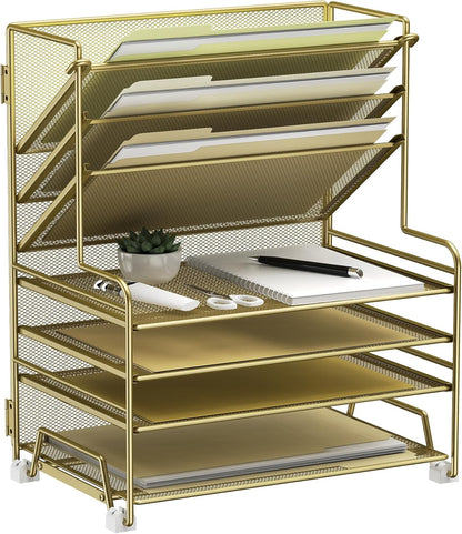 MINDEPOT 4-Tier Paper Organizer + 3-Pocket File Holder + Drawer + Pen Holders, Desktop File Organizers Paper Tray for Office Accessories School Classroom Organization (Black)