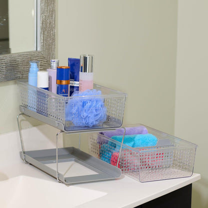 madesmart Two-Tier Bathroom Cabinet Organizer, Sliding Drawer Storage for Bottles, Sponges & Cleaning Supplies, Blue