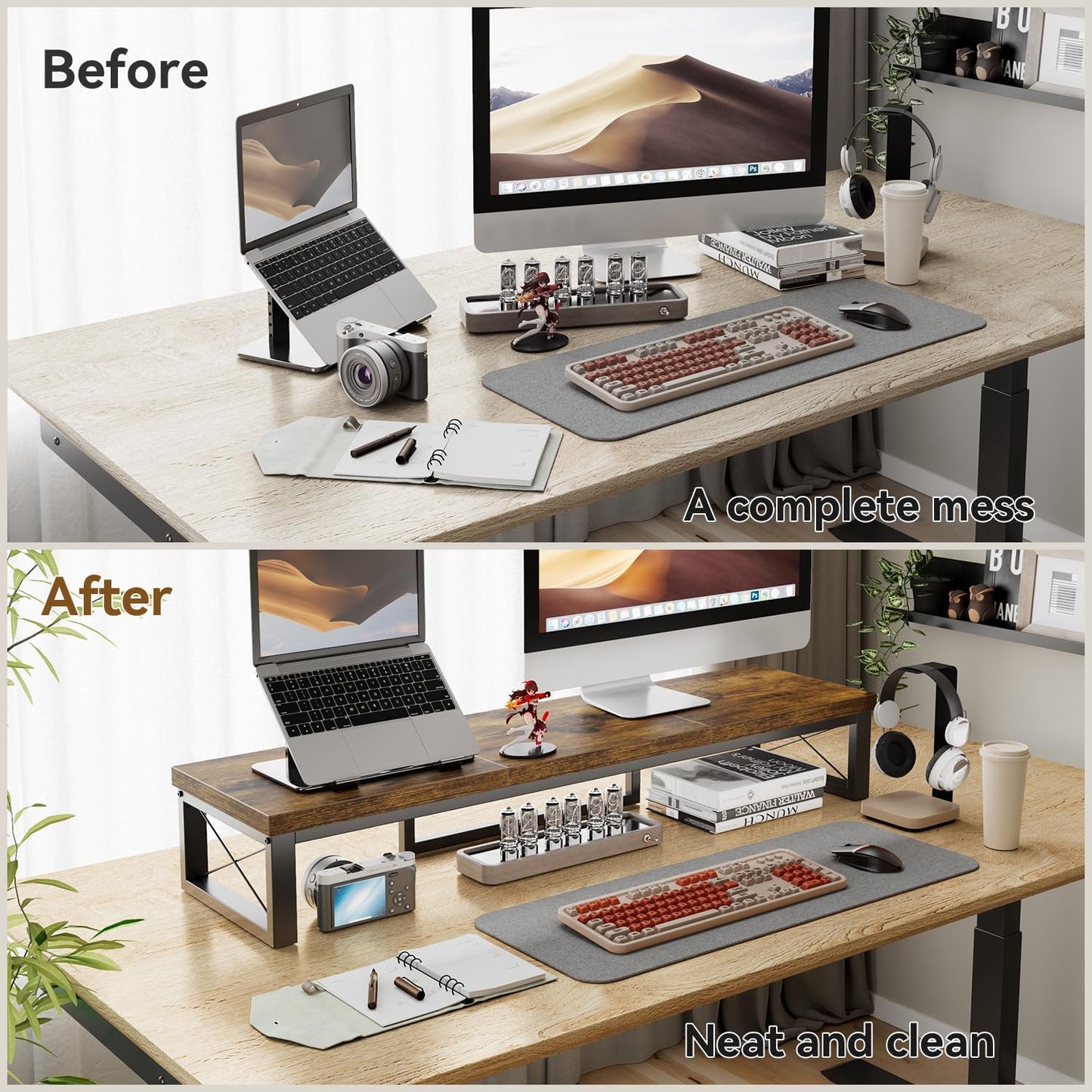 IBUYKE Large Dual Monitor Stand Riser for 2 Monitors, Wooden Desktop Computer Monitor Stand Storage Shelf and Steel Legs,Dual Screen Office Desk,Monitor Riser for Computer, Printer,Laptop,TV,Black UTDJ002B