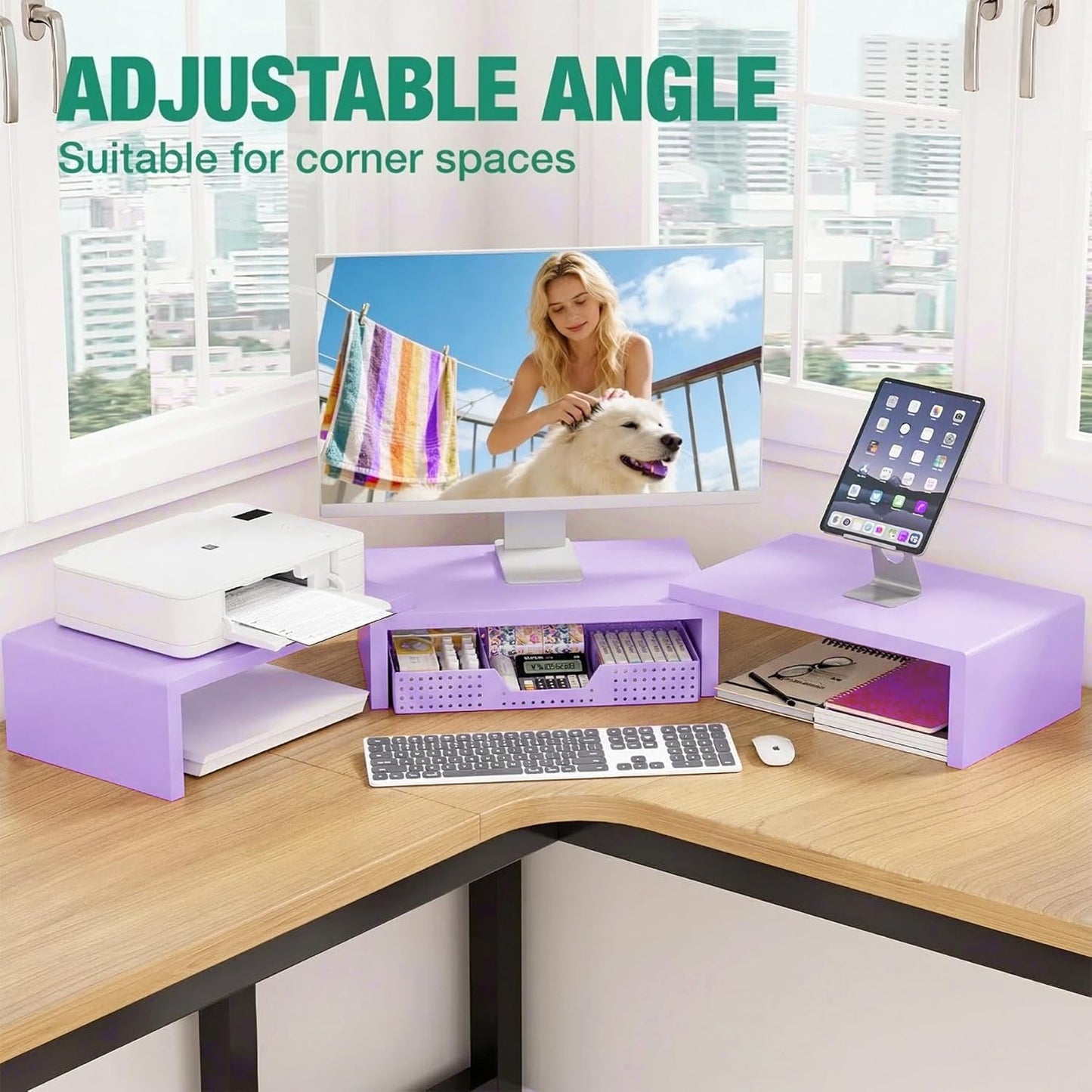 OPNICE Dual Monitor Stand Riser with Drawer and 2 Pen Holders, Desk Organizer for Office Supplies, Computer Monitor Stand for Desk, Workspace Desk Accessories for Home Office, Black