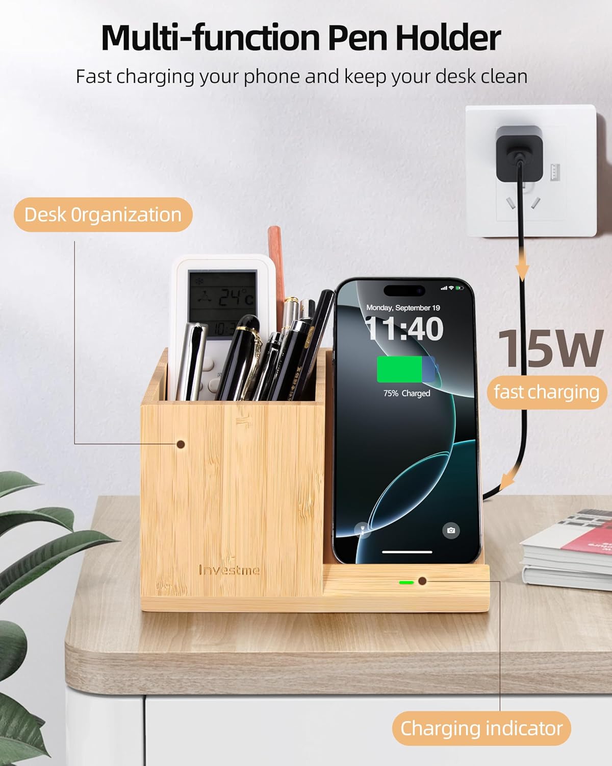 Bamboo Pen Holder with Wireless Charger, Desk Organizer with 5 Compartments for Home Office Supplies Compatible with iPhone & Samsung Series