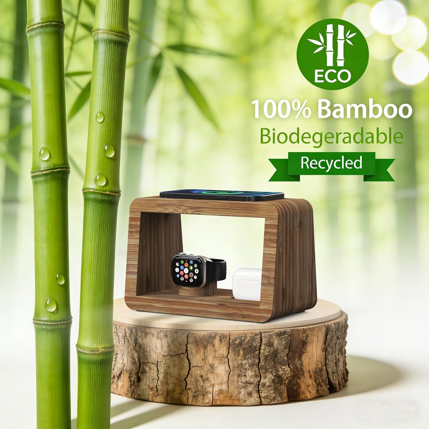 4 in 1 Bamboo Charging Station for Multiple Devices, 15W Fast Wireless Charger with Stepless Dimmable Night Light, Wood Style Dock Compatible with iPhone/iWatch/AirPods