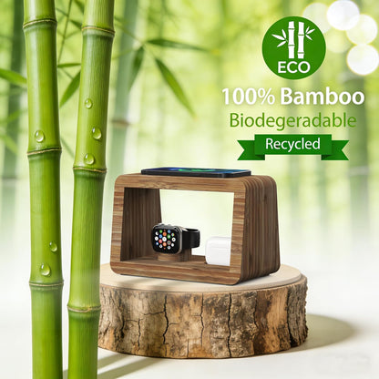 4 in 1 Bamboo Charging Station for Multiple Devices, 15W Fast Wireless Charger with Stepless Dimmable Night Light, Wood Style Dock Compatible with iPhone/iWatch/AirPods