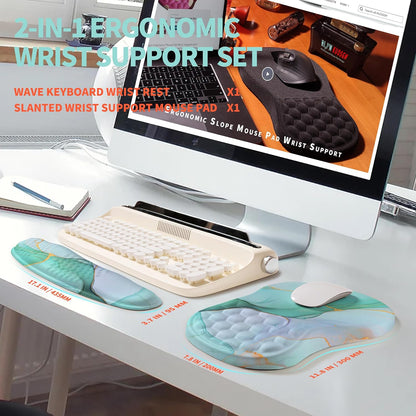 2-in-1 Ergonomic Set, Wave Rise Keyboard Wrist Rest and Massage Bulge Slope Mouse Pad Wrist Support, Cushion Memory Foam Integrated to Relieve Wrist Pain, Black