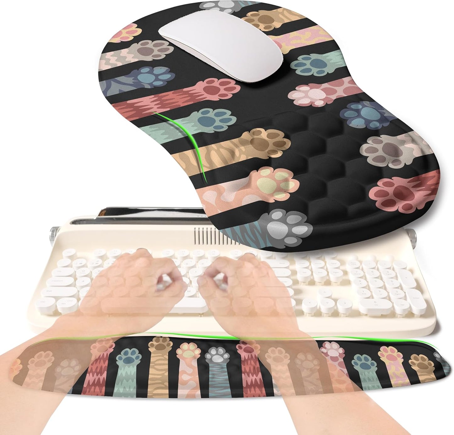 2-in-1 Ergonomic Set, Wave Rise Keyboard Wrist Rest and Massage Bulge Slope Mouse Pad Wrist Support, Cushion Memory Foam Integrated to Relieve Wrist Pain, Black