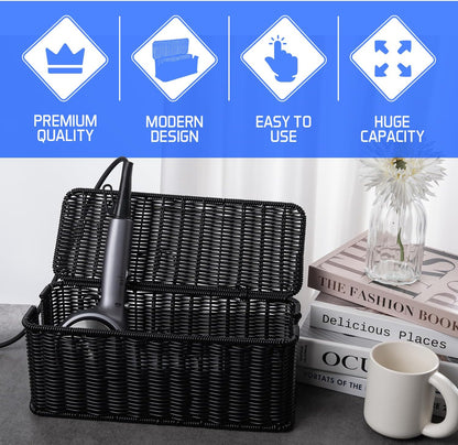 Cable Management Box, Handmade Rattan Cable Organizer with 2 Open Slots, Cord Hider for Power Strip, Router & USB Hub, Registered U.S. Design Patent (D1,112,102), 13" x 5.1" x 5.1", Natural