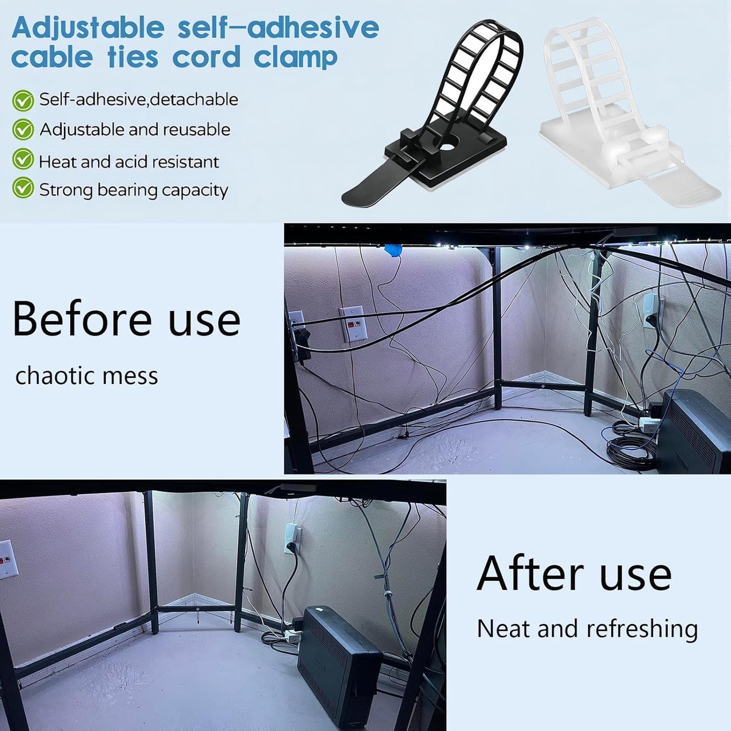 Adjustable Adhesive Cable Management Clips 50Pcs, Large self Adhesive Cable Ties Clips ，Suitable for Cable Management Under desks and on Walls (White)